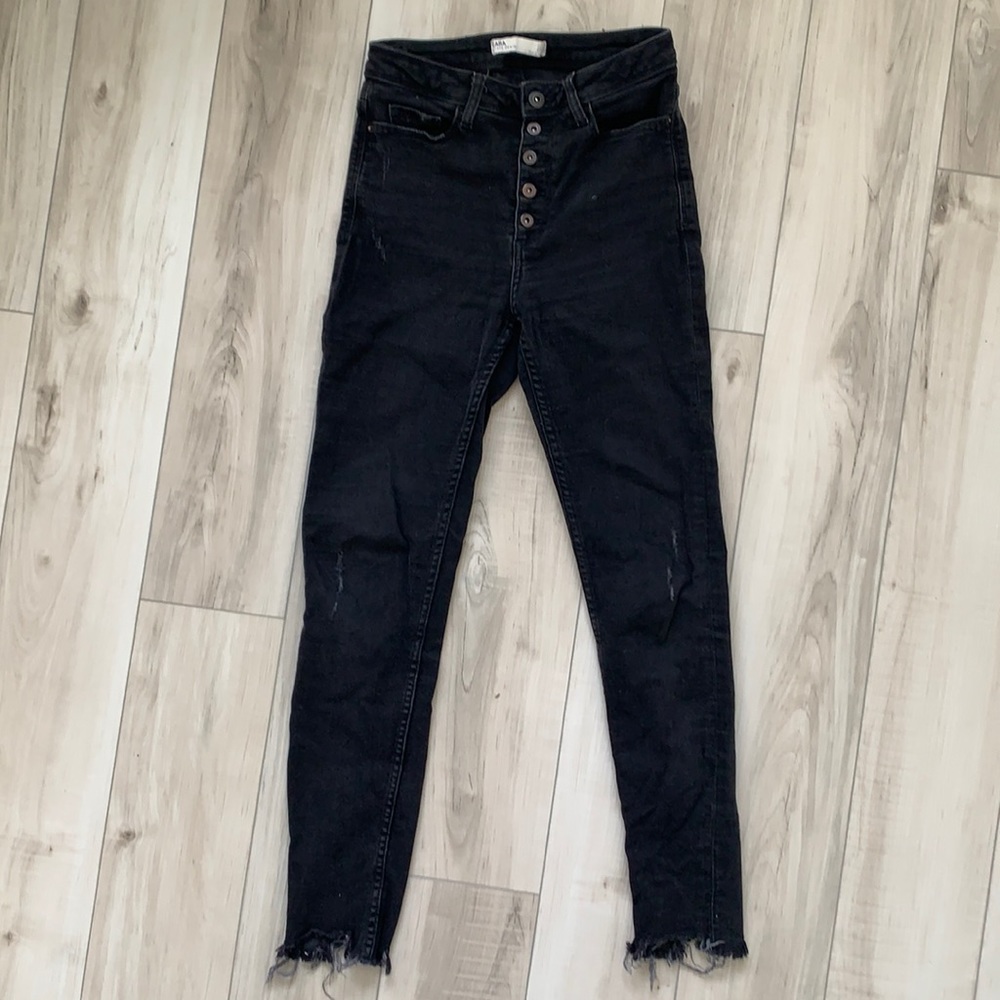 Zara distressed black skinny jeans with button front fly